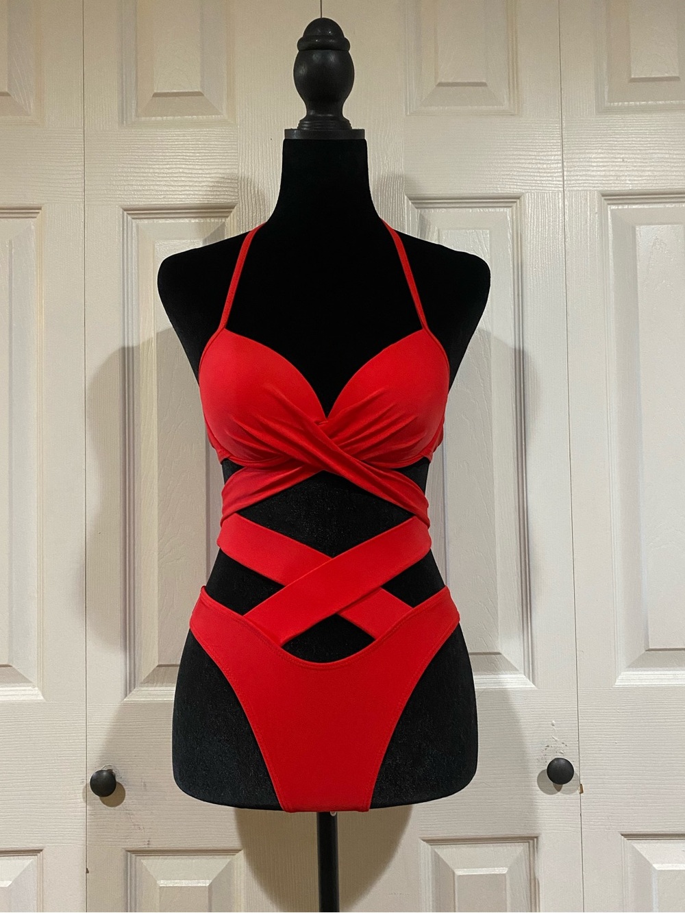 Red Crisscross Halter Neck Strappy Cutout Bikini Set